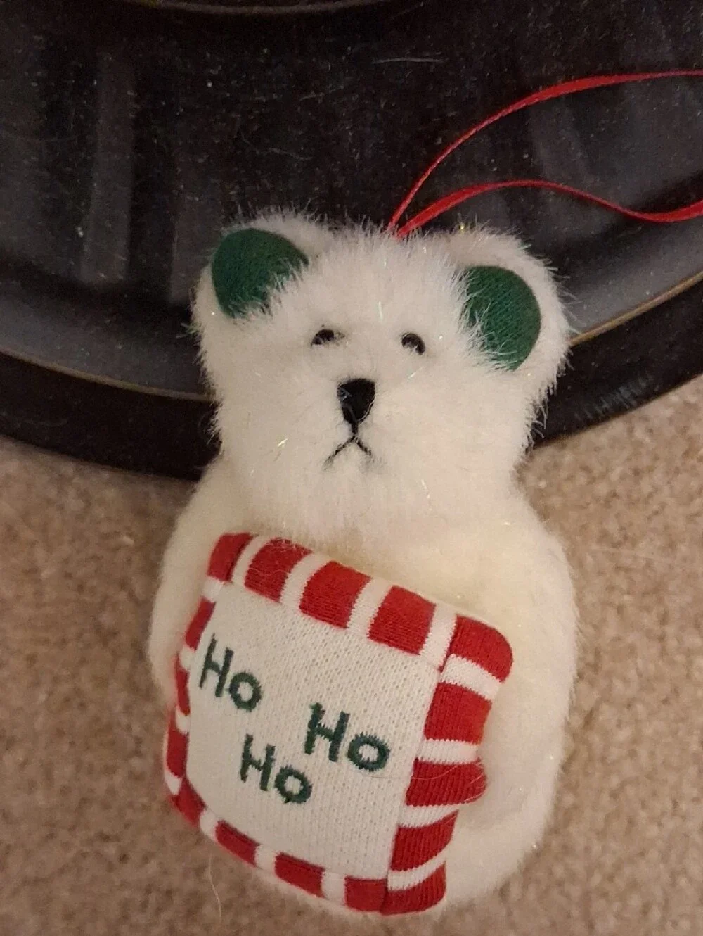 White Plush Holiday Bear Ornament with 'Ho Ho Ho' Pillow